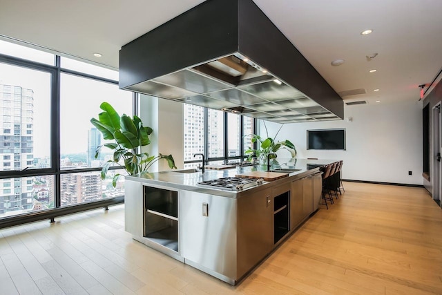 kitchen with stainless steel gas stovetop, light hardwood / wood-style floors, expansive windows, and an island with sink