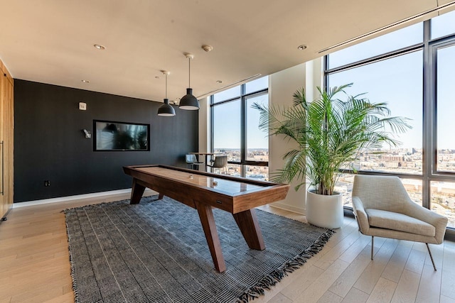 recreation room featuring expansive windows and light hardwood / wood-style flooring