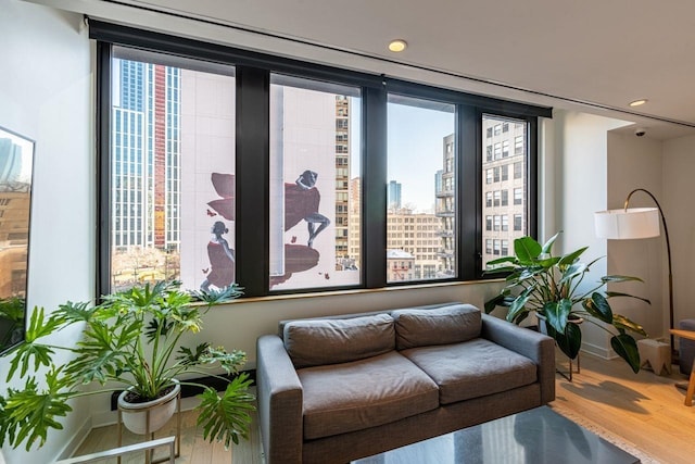 living area with hardwood / wood-style floors