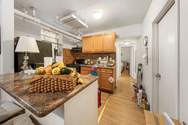 kitchen featuring tasteful backsplash, light hardwood / wood-style floors, a breakfast bar, kitchen peninsula, and gas range