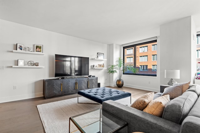 living room with baseboards and dark wood-type flooring