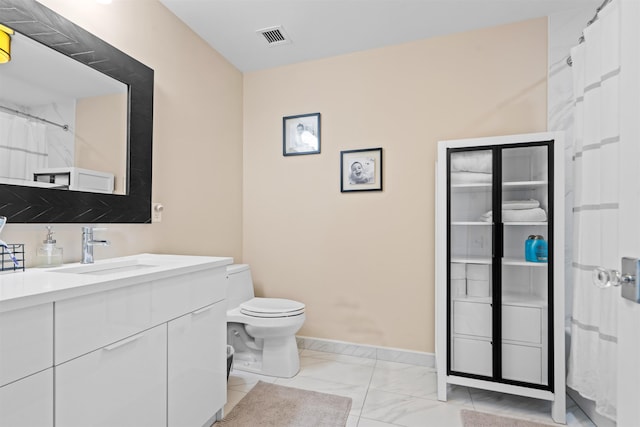 full bathroom featuring baseboards, visible vents, toilet, marble finish floor, and vanity