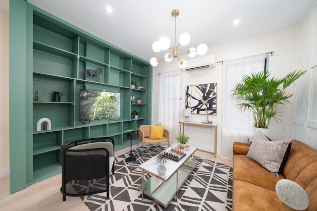 166 Steuben St Unit 1A, Jersey City, NJ 07302 - living area with a wall mounted AC, a chandelier, light wood finished floors, built in shelves, and recessed lighting