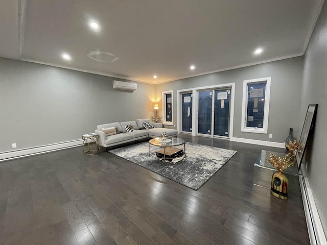 living area featuring a baseboard radiator, an AC wall unit, dark wood-style flooring, and crown molding