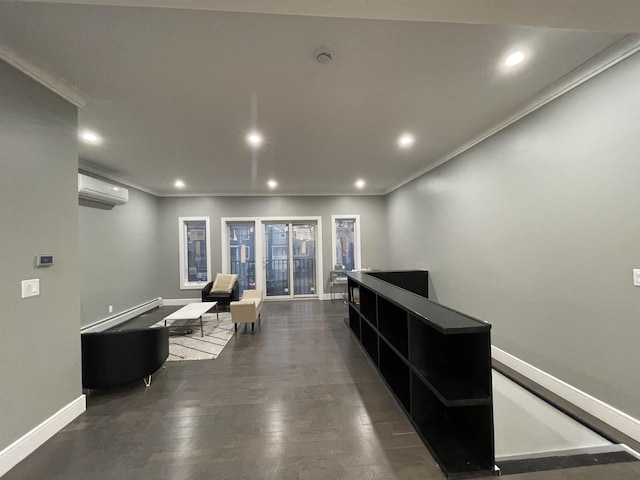 living area featuring a wall unit AC, baseboards, dark wood finished floors, recessed lighting, and crown molding