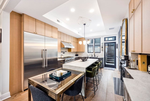 294 4th St, Jersey City, NJ 07302 - kitchen with light wood-style flooring, light brown cabinetry, visible vents, under cabinet range hood, and high quality appliances
