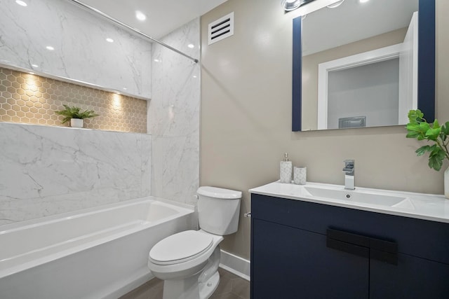 full bathroom featuring shower / bathtub combination, vanity, and toilet