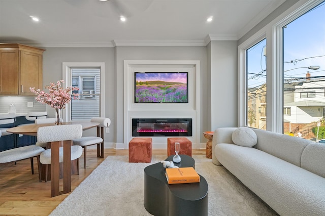 living room with crown molding and light hardwood / wood-style flooring