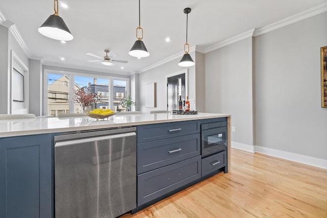 kitchen featuring crown molding, stainless steel dishwasher, and light hardwood / wood-style floors