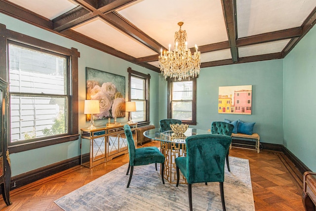 68 Osborne St, Glen Ridge, NJ 07028 - dining space with a chandelier, coffered ceiling, and beam ceiling