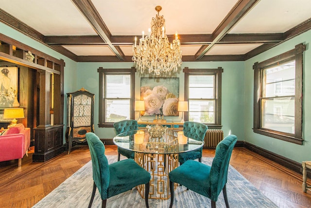 68 Osborne St, Glen Ridge, NJ 07028 - dining area featuring a chandelier, healthy amount of natural light, beamed ceiling, and coffered ceiling