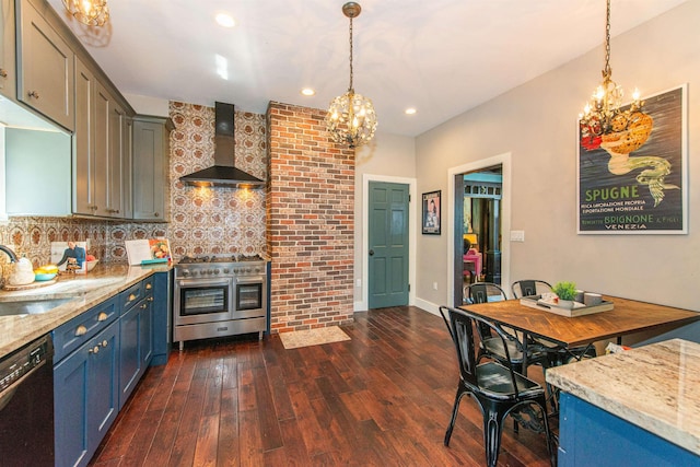 68 Osborne St, Glen Ridge, NJ 07028 - kitchen with wall chimney range hood, a chandelier, range with two ovens, black dishwasher, and recessed lighting