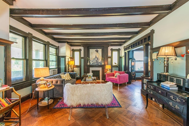 68 Osborne St, Glen Ridge, NJ 07028 - living area with beamed ceiling and a fireplace
