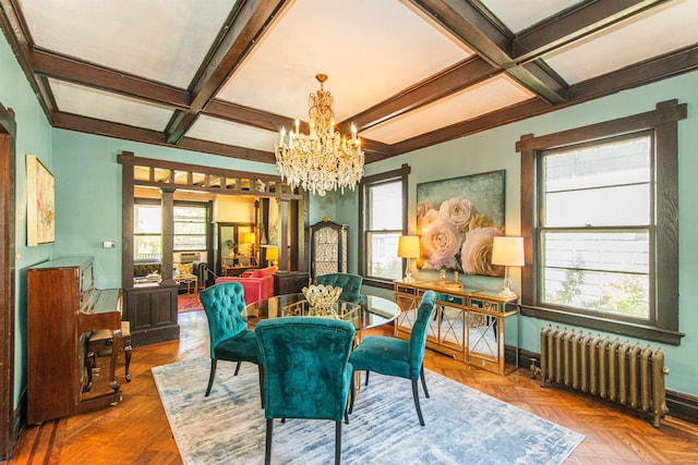 68 Osborne St, Glen Ridge, NJ 07028 - dining room featuring radiator heating unit, a chandelier, coffered ceiling, beamed ceiling, and ornate columns