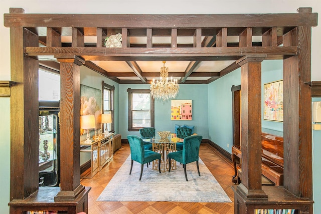 68 Osborne St, Glen Ridge, NJ 07028 - dining space featuring a chandelier, coffered ceiling, and beam ceiling