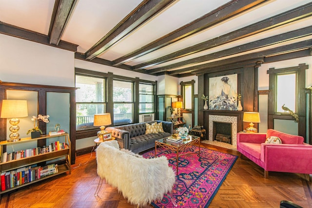 68 Osborne St, Glen Ridge, NJ 07028 - living room featuring beamed ceiling and a fireplace with flush hearth