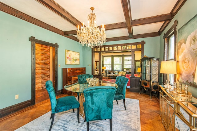 68 Osborne St, Glen Ridge, NJ 07028 - dining space featuring a chandelier, beam ceiling, and coffered ceiling