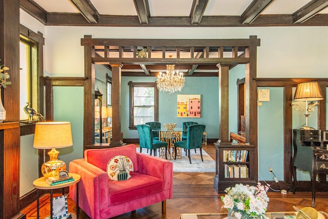 68 Osborne St, Glen Ridge, NJ 07028 - living area with a chandelier, beam ceiling, and coffered ceiling