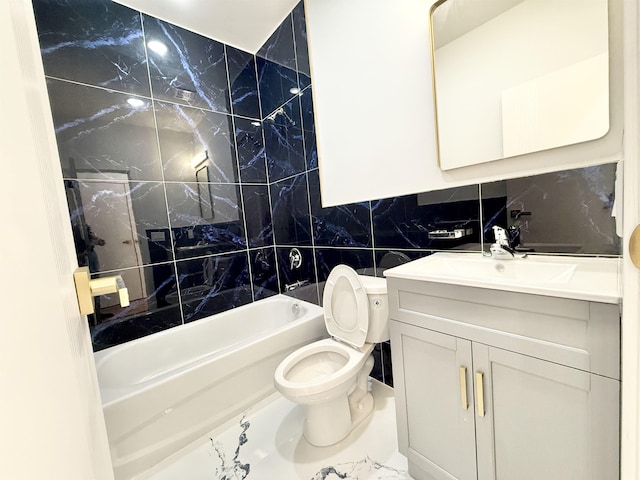 bathroom featuring shower / bath combination, tile walls, toilet, and vanity