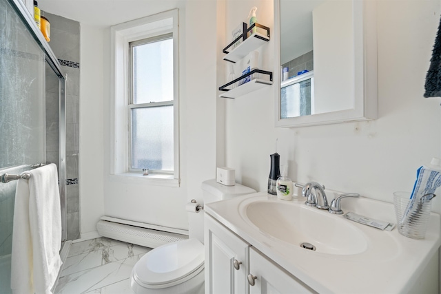 bathroom featuring vanity, a shower with door, toilet, and baseboard heating