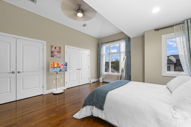405 Commercial Ave, Cliffside Park, NJ 07010 - bedroom featuring multiple closets, wood finished floors, and a ceiling fan