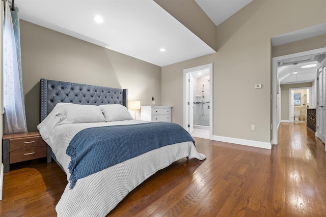 405 Commercial Ave, Cliffside Park, NJ 07010 - bedroom featuring wood finished floors, recessed lighting, vaulted ceiling, and ensuite bath