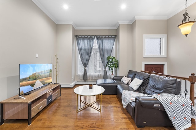 405 Commercial Ave, Cliffside Park, NJ 07010 - living area with wood finished floors, crown molding, and recessed lighting