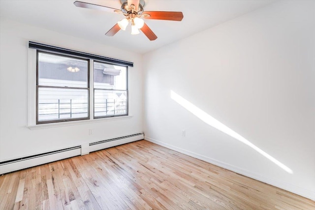 empty room with ceiling fan, light hardwood / wood-style flooring, and a baseboard radiator