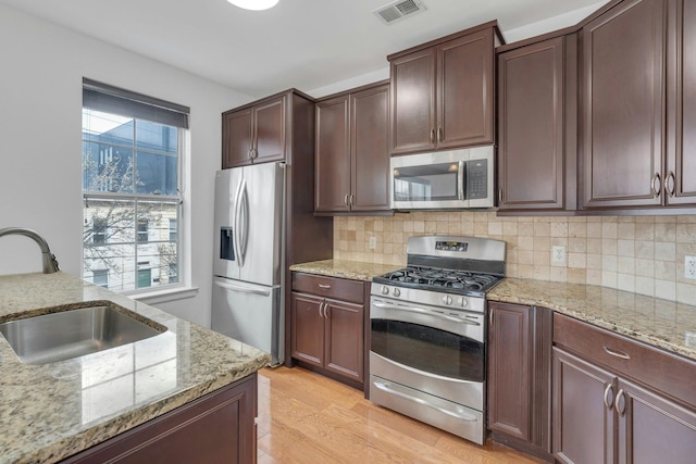 443 2nd St Unit 0212, Jersey City, NJ 07302 - kitchen with visible vents, tasteful backsplash, light wood-type flooring, a sink, and stainless steel appliances