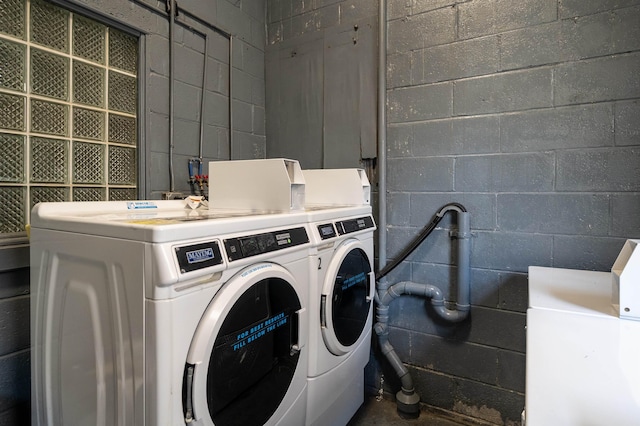 6715 Polk St Unit 12, Guttenberg, NJ 07093 - laundry room featuring independent washer and dryer and concrete block wall