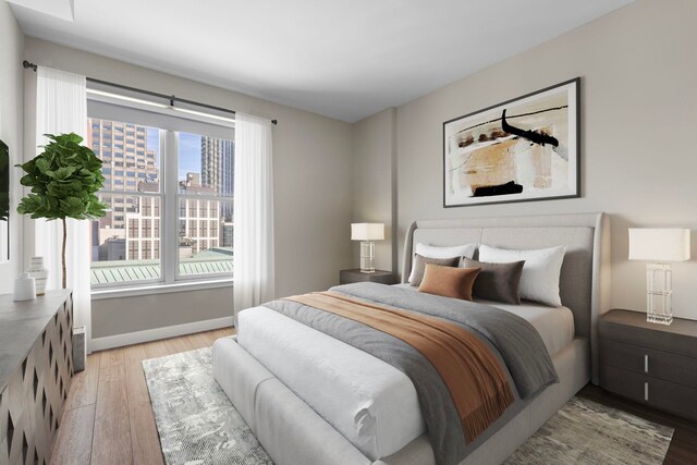 bedroom with a view of city, light wood-type flooring, and baseboards