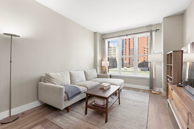 living room with light wood-style flooring and baseboards