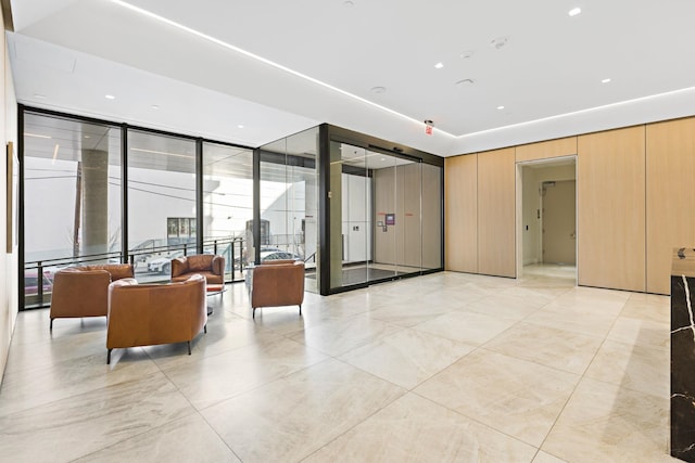 community lobby with expansive windows
