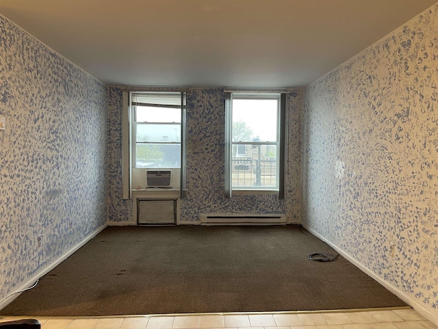 502 Central Ave Unit D1, Jersey City, NJ 07307 - unfurnished room featuring a baseboard heating unit, wallpapered walls, cooling unit, and carpet floors