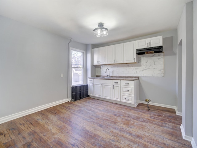 kitchen with radiator heating unit, sink, white cabinets, decorative backsplash, and light wood-type flooring