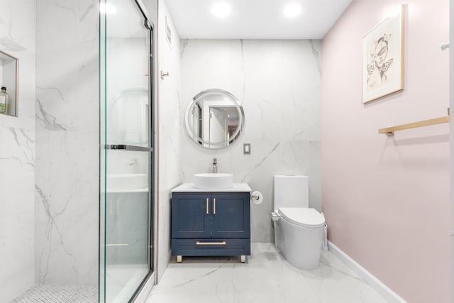 3312 Hudson Ave Unit 3L, Union City, NJ 07087 - full bath featuring vanity, a marble finish shower, marble tiled floors, tile walls, and recessed lighting