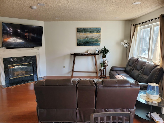 living area with wood finished floors, a fireplace, and a textured ceiling