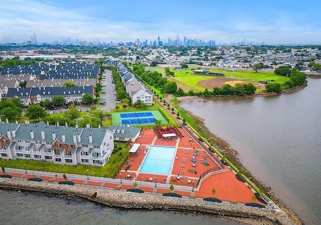 aerial view featuring a water view