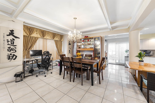 dining room with a chandelier, light tile patterned floors, coffered ceiling, beam ceiling, and an office area
