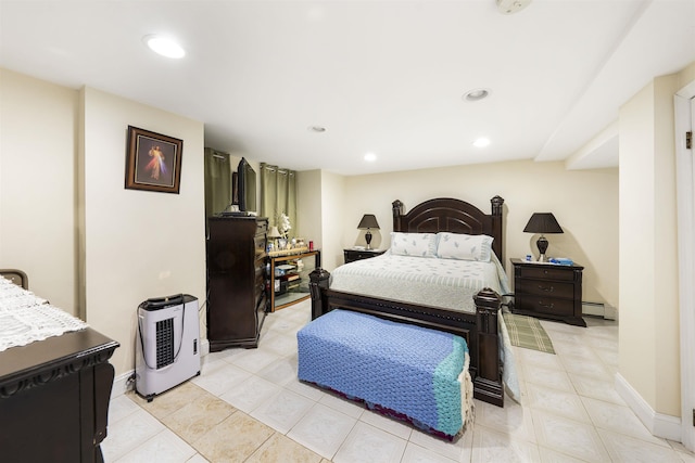 bedroom with a baseboard heating unit, recessed lighting, baseboards, and light tile patterned flooring