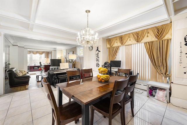 dining space featuring light tile patterned floors, plenty of natural light, and a chandelier