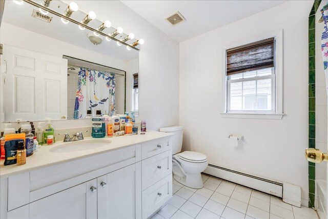 55 71st St, Guttenberg, NJ 07093 - full bathroom featuring a baseboard heating unit, vanity, a shower with curtain, and toilet