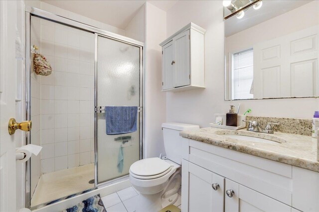 55 71st St, Guttenberg, NJ 07093 - full bathroom with vanity, a shower stall, toilet, and tile patterned floors