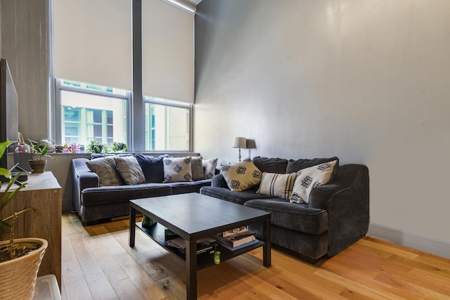 living room with light hardwood / wood-style flooring and a high ceiling