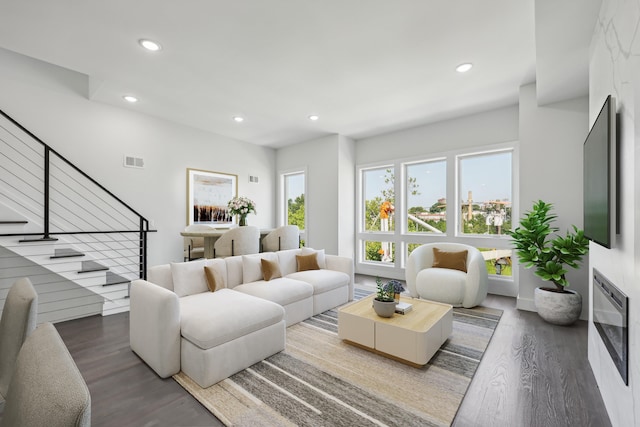 living room with dark wood-type flooring