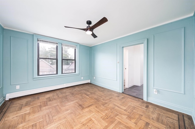 unfurnished bedroom with light parquet flooring, ceiling fan, and a baseboard radiator