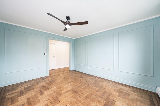 interior space featuring a baseboard radiator, ceiling fan, and light parquet floors