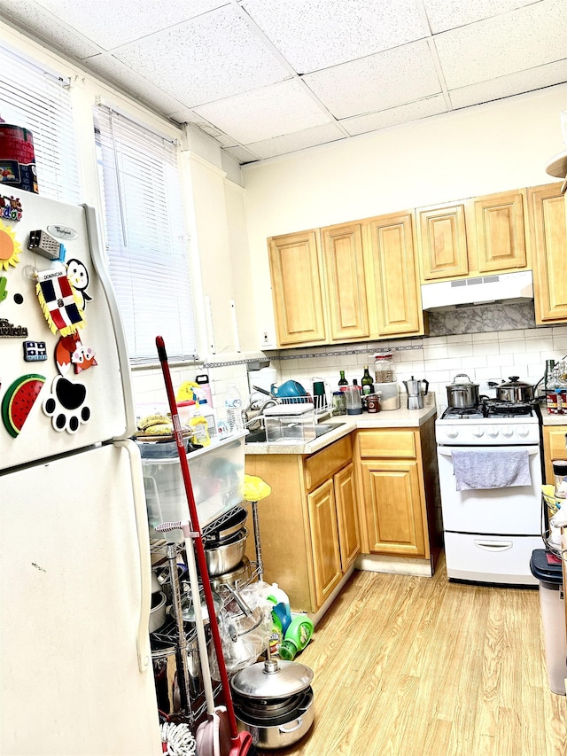 500 New York Ave, Jersey City, NJ 07087 - kitchen featuring white appliances, under cabinet range hood, a paneled ceiling, light wood-style flooring, and light countertops