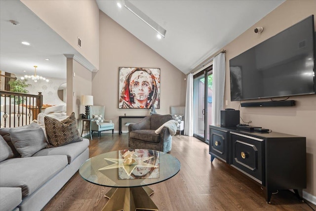 498 Teal Plz, Secaucus, NJ 07094 - living room featuring wood finished floors, a chandelier, high vaulted ceiling, and recessed lighting