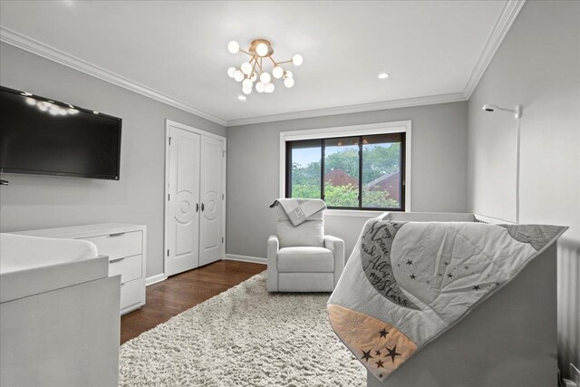 498 Teal Plz, Secaucus, NJ 07094 - bedroom featuring dark wood finished floors, a chandelier, ornamental molding, baseboards, and recessed lighting